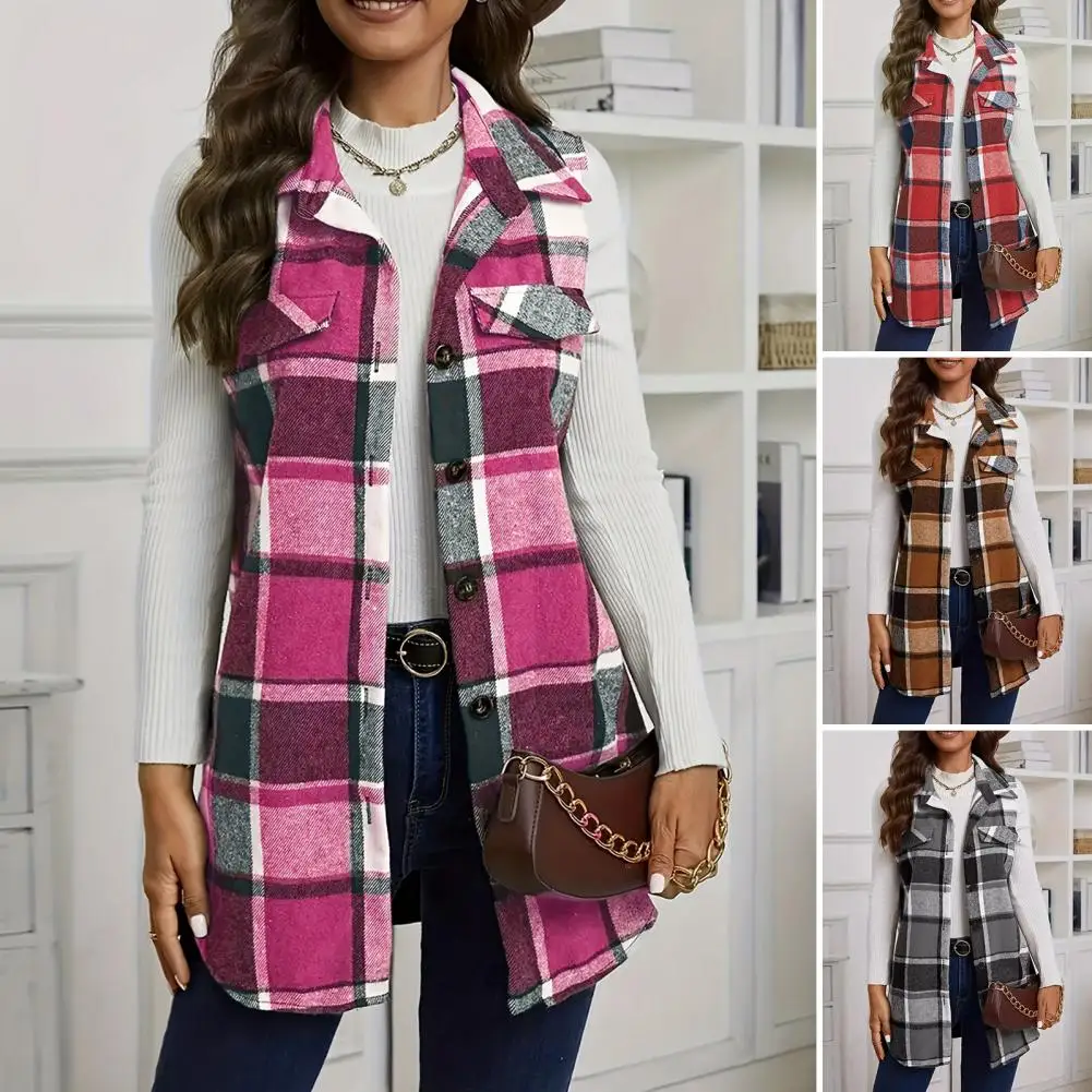 Retro Style Women Vest Plaid Print Waistcoat Mid Length Vest Coat with Turn-down Sleeveless Loose Single-breasted Outerwear Coat
Retro Style Women Vest Plaid Print Waistcoat Mid Length Vest Coat with Turn-down Sleeveless Loose Single-breasted Outerwear Coat