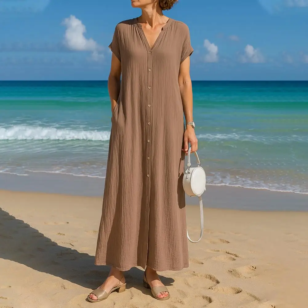 Women Cotton Blend Dress Loose Fit Solid Color Dress Summer Cotton Button-down Dress for Women V Neck Short Sleeve Sundress
Women Cotton Blend Dress Loose Fit Solid Color Dress Summer Cotton Button-down Dress for Women V Neck Short Sleeve Sundress