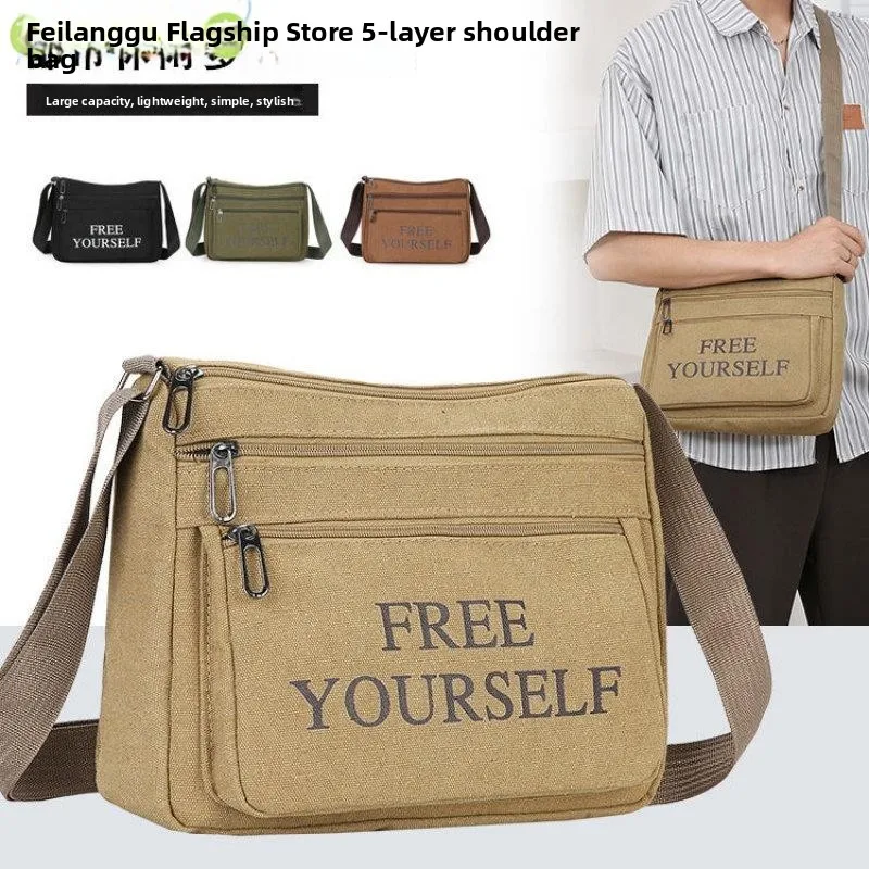 Thickened Canvas Men's Crossbody Bag Single Shoulder Bag Business Money Collection New Version Cloth Bag for Work Multi-Funct...