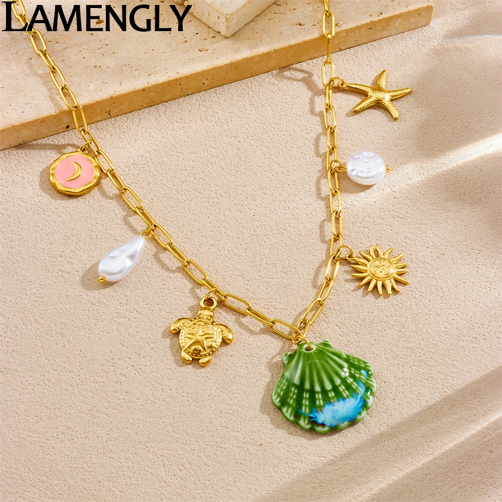 LAMENGLY 316L Stainless Steel Creative Novel Green Shell Sun Moon Star Pendant Necklace Women New Trend Neck Chain Leisure Gift
LAMENGLY 316L Stainless Steel Creative Novel Green Shell Sun Moon Star Pendant Necklace Women New Trend Neck Chain Leisure Gift