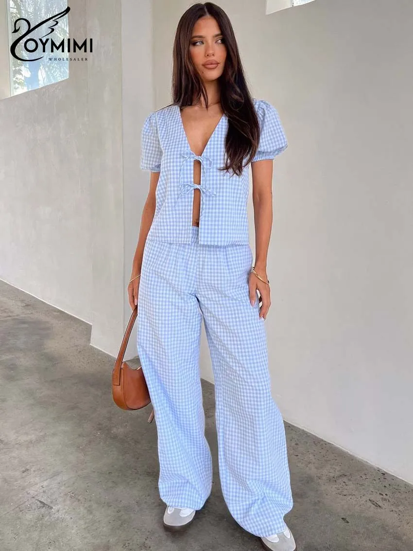 Oymimi Casual Blue Print Women's Two Pieces Set Elegant V-Neck Short Sleeve Lace-Up Shirts And Straight Trousers Sets Streetwear
Oymimi Casual Blue Print Women's Two Pieces Set Elegant V-Neck Short Sleeve Lace-Up Shirts And Straight Trousers Sets Streetwear