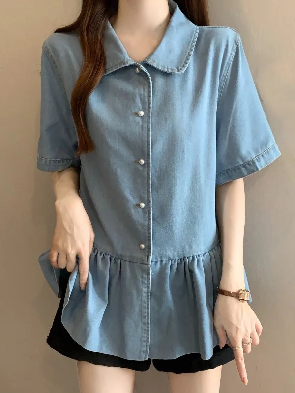Light Blue Short Sleeve Shirt Women's Summer New Style Big Size Fat MM Belly Covering Sweet And Salty Top Korean Style Commute
Light Blue Short Sleeve Shirt Women's Summer New Style Big Size Fat MM Belly Covering Sweet And Salty Top Korean Style Commute