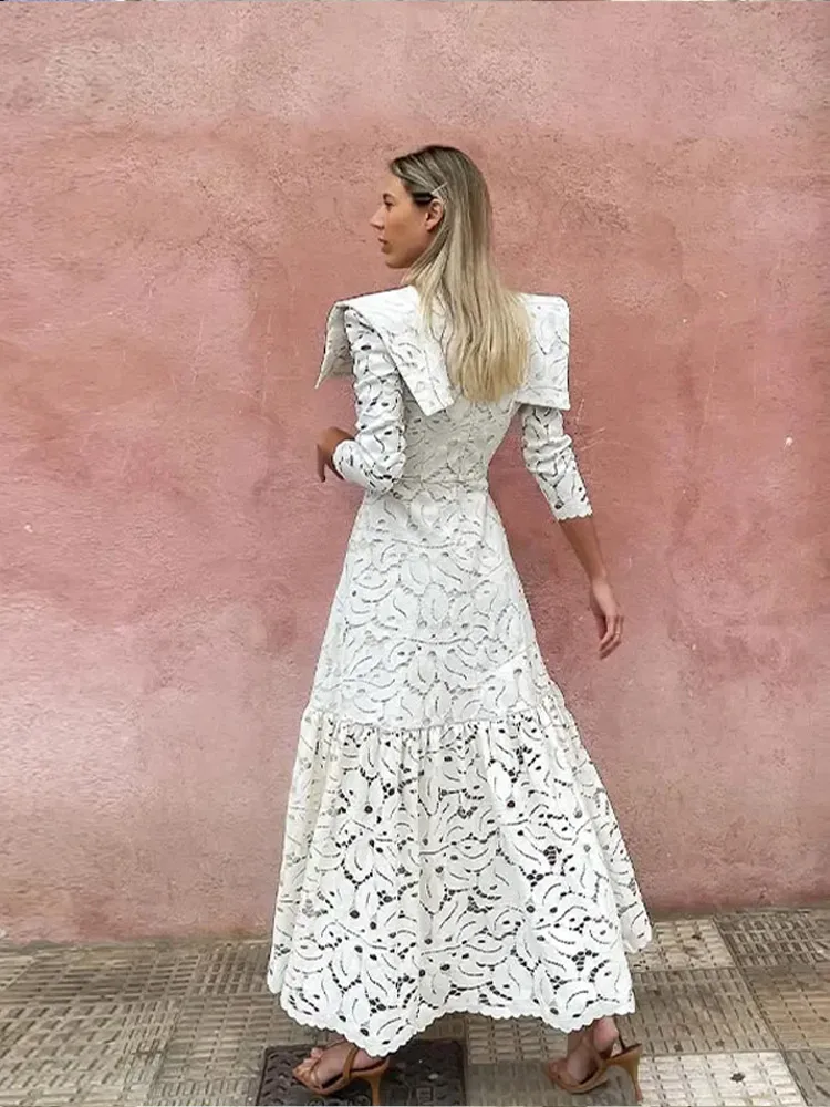 Elegant Lace Hollow Out Long Dress Women High Collar Long Sleeve Slim Solid Dresses 2025 Autumn Spring Patchwork Lady Party Robe 
Elegant Lace Hollow Out Long Dress Women High Collar Long Sleeve Slim Solid Dresses 2025 Autumn Spring Patchwork Lady Party Robe