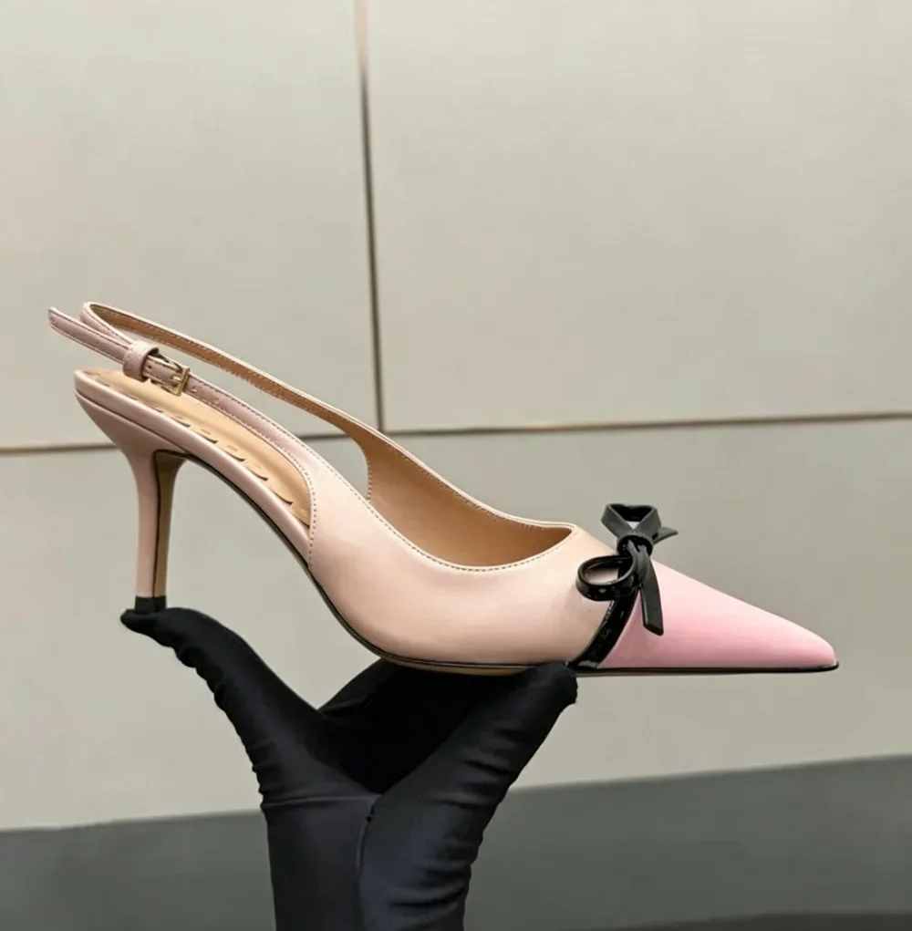 Fashion Color Blocking Design Elegant Women's Leather Pointed-Toe Slingback Stilettos High Heels Black Patent Bow Accent
Fashion Color Blocking Design Elegant Women's Leather Pointed-Toe Slingback Stilettos High Heels Black Patent Bow Accent