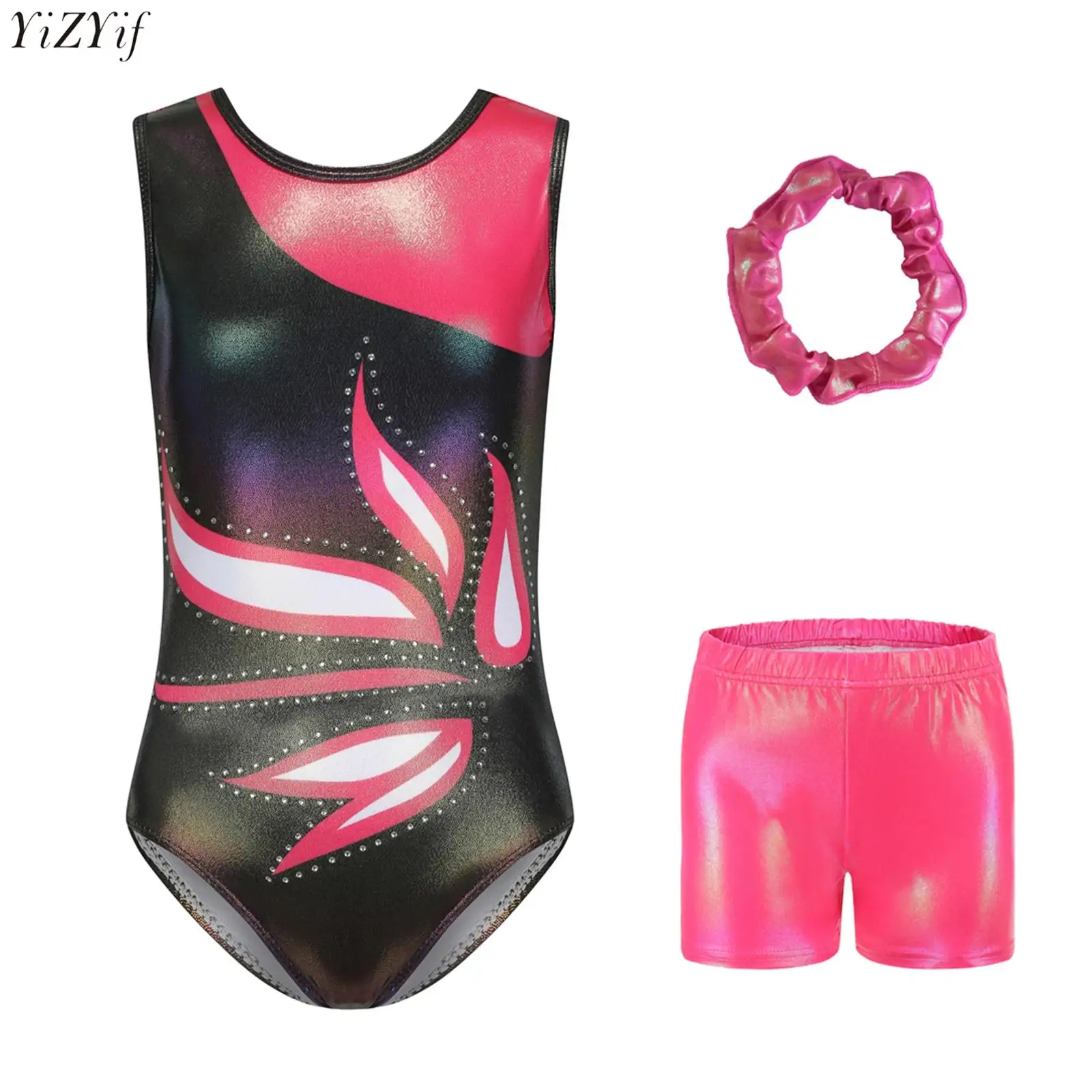 3Pcs Kids Girls Gymnastics Outfit U Back Sleeveless Leotard Shiny Rhinestones Color Block Printed Bodysuit+Shorts+Hair Band Suit
3Pcs Kids Girls Gymnastics Outfit U Back Sleeveless Leotard Shiny Rhinestones Color Block Printed Bodysuit+Shorts+Hair Band Suit