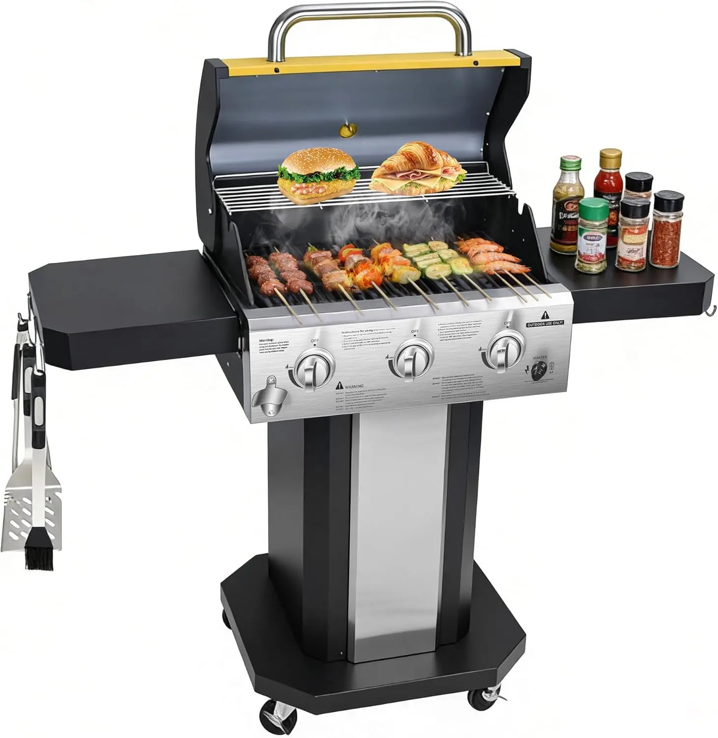 Propane Gas Grill 3-Burner, 30,000 BTU Outdoor BBQ with Warming Rack, Folding Side Tables, Utensil Hooks & Easy-Roll Wheels for Backyard, Patio, Camping (Yellow)
Propane Gas Grill 3-Burner, 30,000 BTU Outdoor BBQ with Warming Rack, Folding Side Tables, Utensil Hooks & Easy-Roll Wheels for Backyard, Patio, Camping (Yellow)