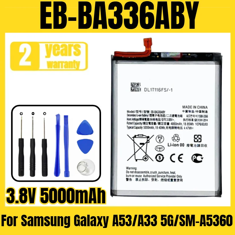 Suitable for Samsung Galaxy A53/A33 5G/SM-A5360 battery EB-BA336ABY mobile phone battery,large capacity, free tool 3.8V 5000mAh
Suitable for Samsung Galaxy A53/A33 5G/SM-A5360 battery EB-BA336ABY mobile phone battery,large capacity, free tool 3.8V 5000mAh