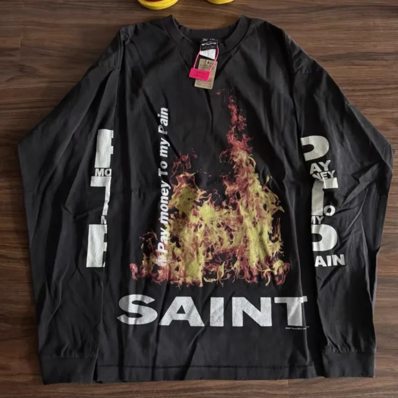 Saint Tshirts Flame Long Sleeved Distressed Washed Black Round Neck Pullover Street Men Women Loose Tops Hiphop Street Outfit
Saint Tshirts Flame Long Sleeved Distressed Washed Black Round Neck Pullover Street Men Women Loose Tops Hiphop Street Outfit