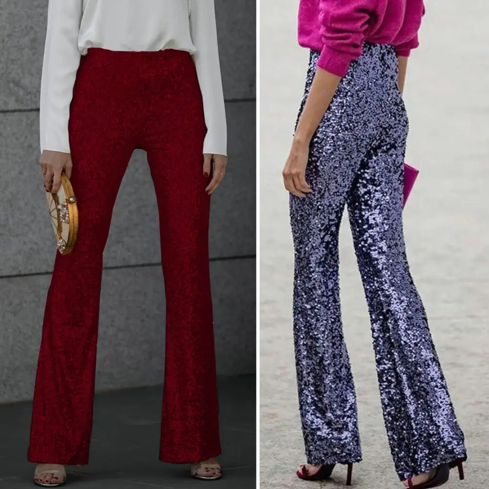 

Trousers Sequin Decorated High Waist Flared Pants for Women Slim Fit Long Trousers with Elastic Waistband for Parties Streetwear