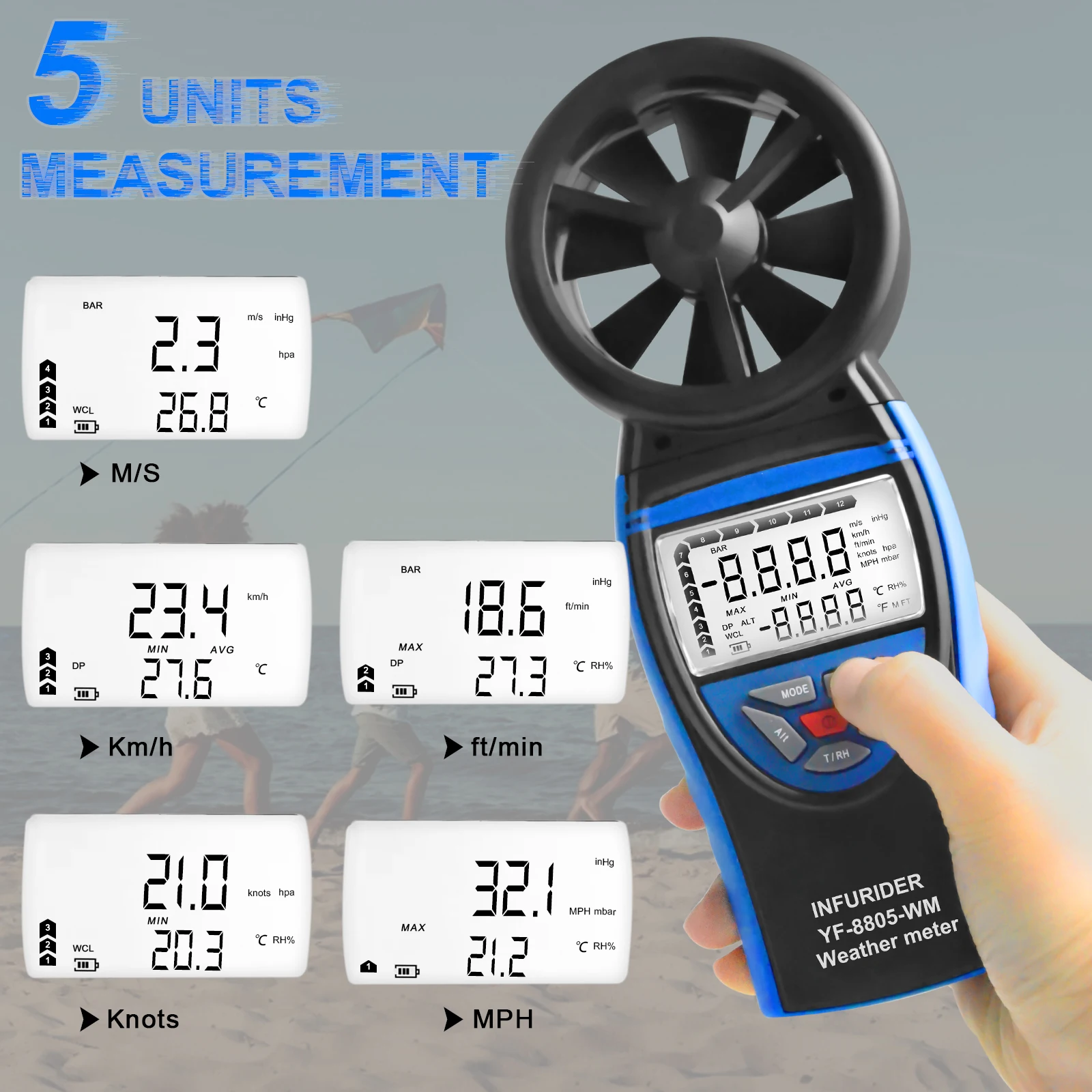 HP-8805 Weather Meter Anemometer 0.3-30m/s 5 Units Temp Wind Chill MAX/MIN/AVG Backlight 9V Battery