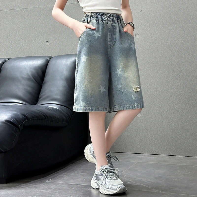 With Star Print for Teenage Girl Fashion Casual Mid-Calf Jeans Capri Kids Child Retro Gothic Y2K Knee Length Ripped Denim Shorts
With Star Print for Teenage Girl Fashion Casual Mid-Calf Jeans Capri Kids Child Retro Gothic Y2K Knee Length Ripped Denim Shorts