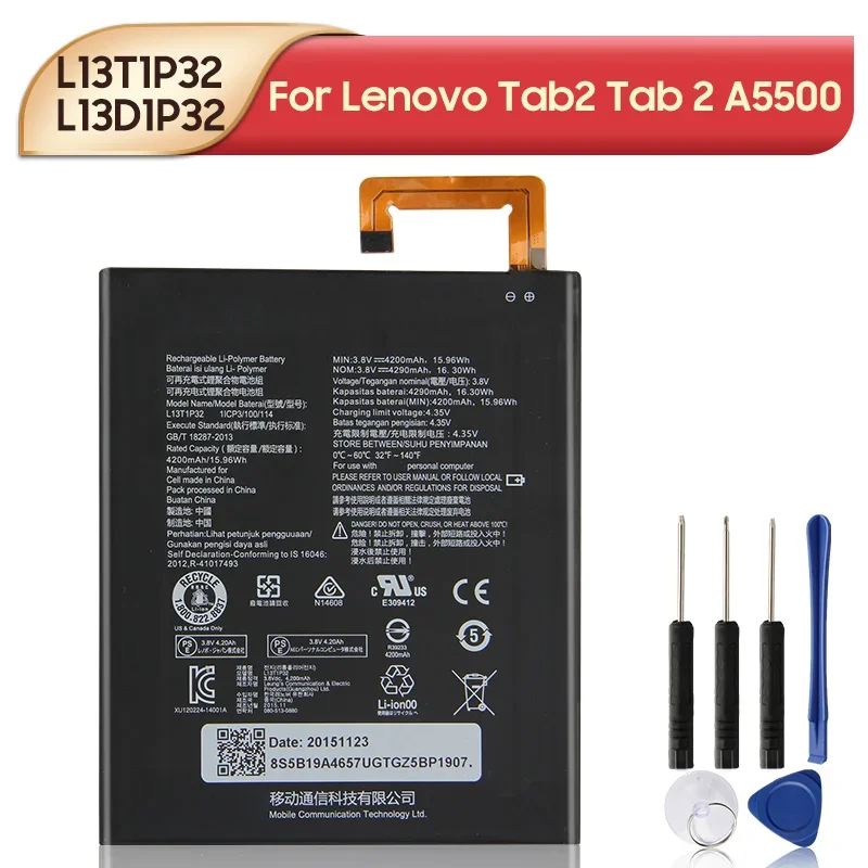 L13D1P32 L13T1P32 Replacement Battery For Lenovo Tab2 Tab 2 A5500 Tablet Battery 4290mAh with Tools
L13D1P32 L13T1P32 Replacement Battery For Lenovo Tab2 Tab 2 A5500 Tablet Battery 4290mAh with Tools