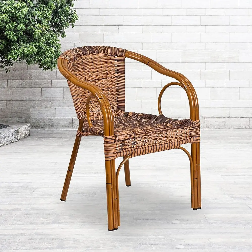 Brown Rattan Patio Chair with Red Bamboo Accents
Brown Rattan Patio Chair with Red Bamboo Accents