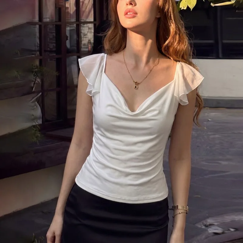 Tuularose Summer Women's T-Shirt Fashion Ruffled Patchwork V-neck Slim Tops New Commuting Solid Sexy Casual Streetwear Women Top
Tuularose Summer Women's T-Shirt Fashion Ruffled Patchwork V-neck Slim Tops New Commuting Solid Sexy Casual Streetwear Women Top
