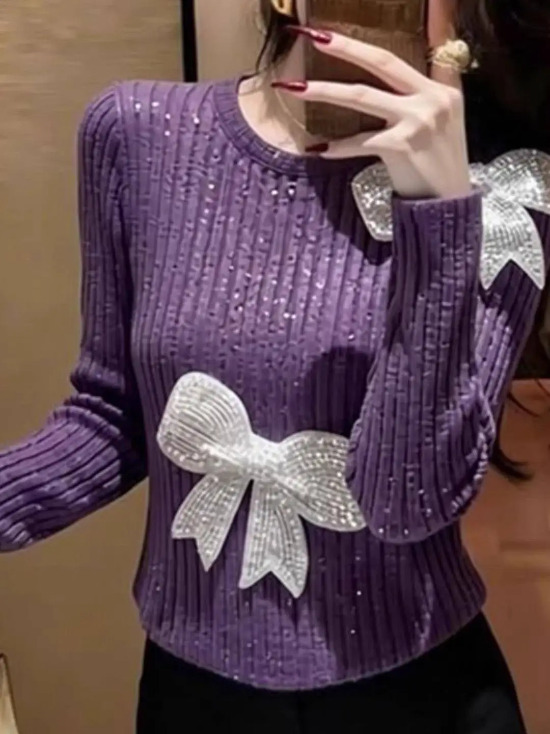 Elegance Purple Sequin Ribbed Knit Top Sparkly Crew Neck With Large Silver Rhinestone Bows Glam Party Top Warm Bottoming Shirts
Elegance Purple Sequin Ribbed Knit Top Sparkly Crew Neck With Large Silver Rhinestone Bows Glam Party Top Warm Bottoming Shirts