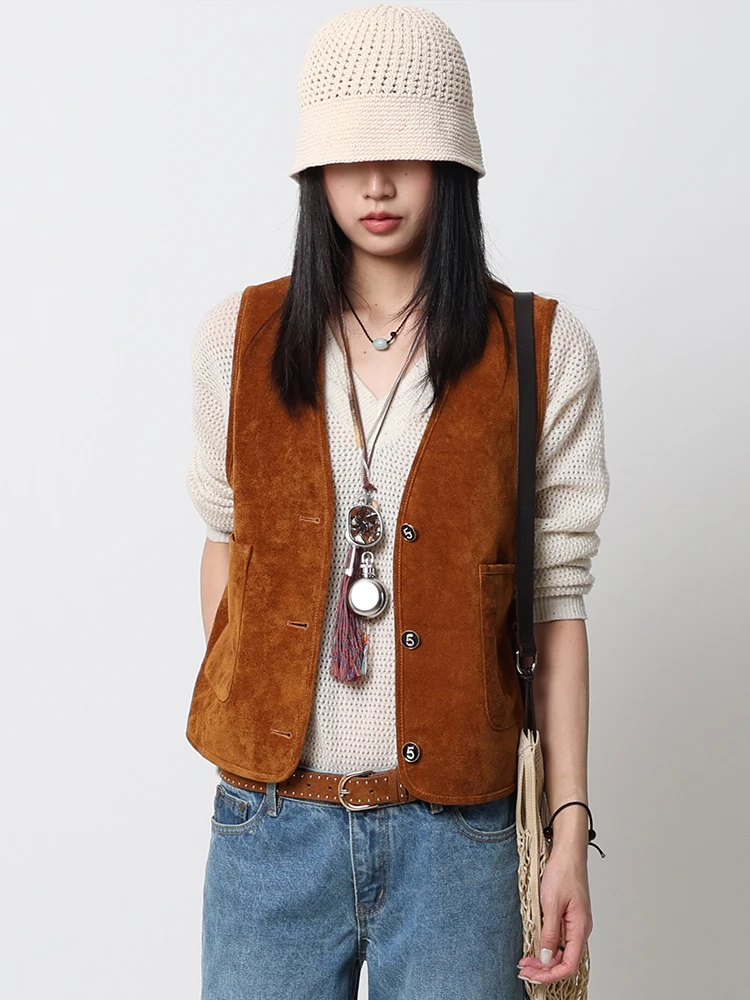 V-neck Sleeveless Genuine Leather Vest Jackets for Women Spring Autumn High-end Simple Vintage Slim Cropped Real Cow Suede Coat
V-neck Sleeveless Genuine Leather Vest Jackets for Women Spring Autumn High-end Simple Vintage Slim Cropped Real Cow Suede Coat