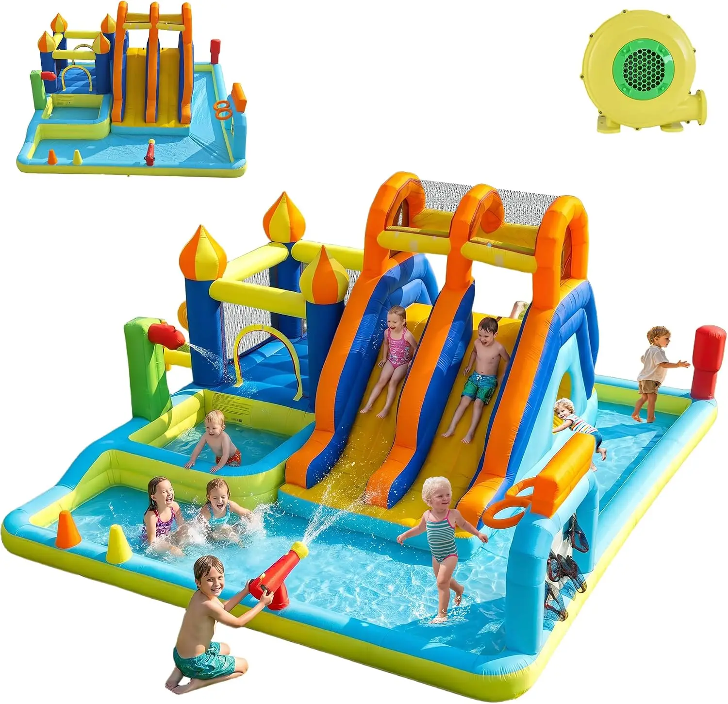 12-in-1 Outdoor Inflatable Water Park Bouncy Castle for Kids, Includes 680W Blower, Double Long Water Slides, Climbing Wall, and Water Gun, Backyard Play Center
12-in-1 Outdoor Inflatable Water Park Bouncy Castle for Kids, Includes 680W Blower, Double Long Water Slides, Climbing Wall, and Water Gun, Backyard Play Center