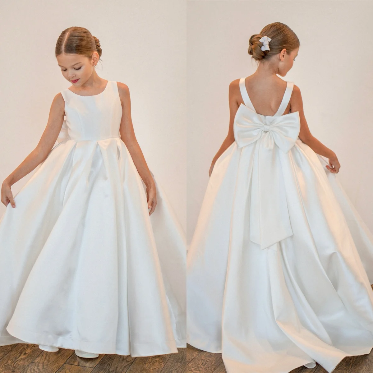 Satin A-line Flower Girl's Evening Dresses With Big Bow Ruched Sleeveless Simple Plain Long Wedding Guest Gown For Little Girl
Satin A-line Flower Girl's Evening Dresses With Big Bow Ruched Sleeveless Simple Plain Long Wedding Guest Gown For Little Girl