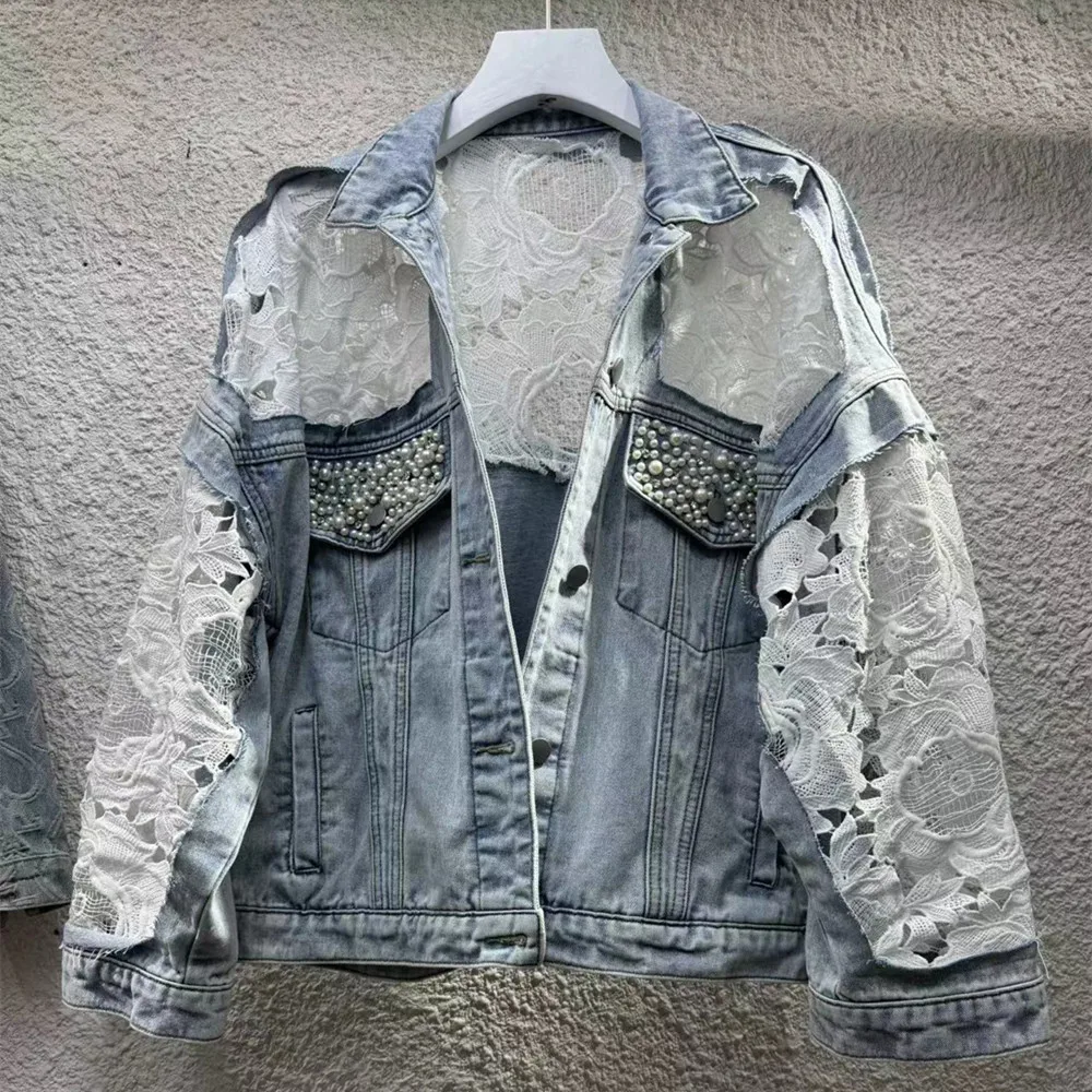Spliced Embroidery Jacket Women Turn Down Collar Pearls Washed Denim Coats Single Breasted Loose Outerwear Basics Cardigan
Spliced Embroidery Jacket Women Turn Down Collar Pearls Washed Denim Coats Single Breasted Loose Outerwear Basics Cardigan