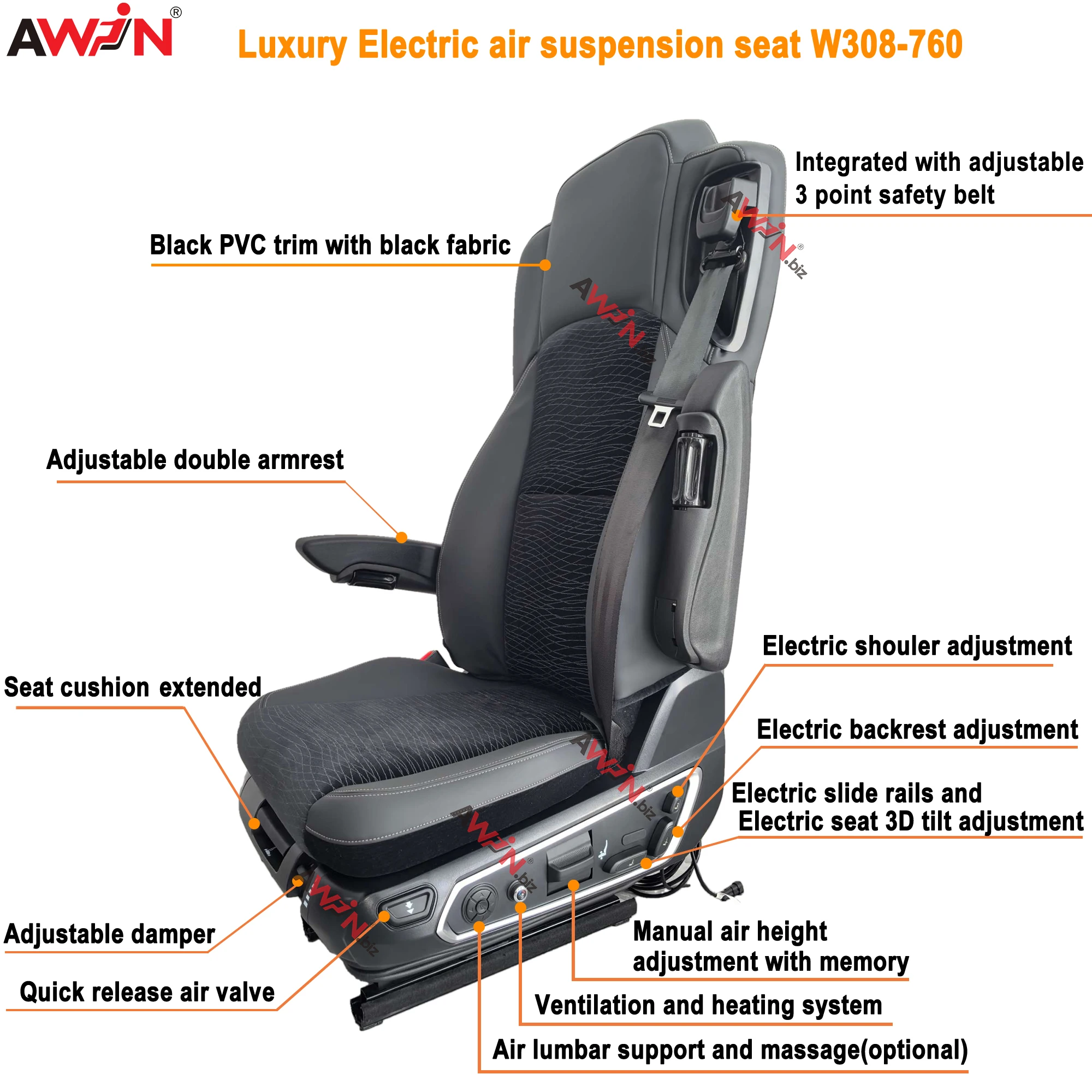 Luxury Leather Electric Pneumatic Suspension Seat with Bluetooth Acoustics Massage Function Modified Car Seats for Truck & Bus
Luxury Leather Electric Pneumatic Suspension Seat with Bluetooth Acoustics Massage Function Modified Car Seats for Truck & Bus