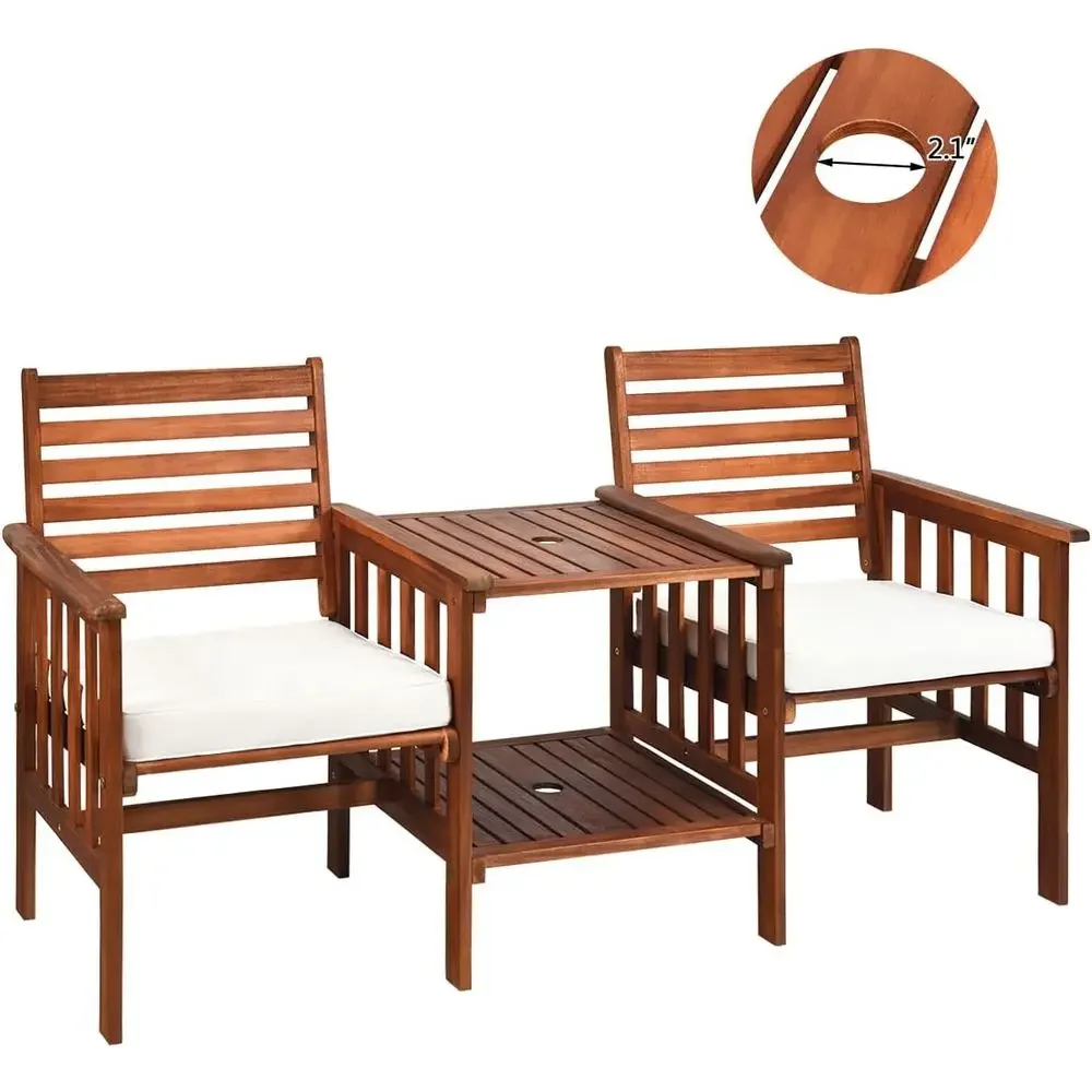 Wooden Loveseat Patio Bistro Set with Cushions and Umbrella Hole for Outdoor Garden Balcony
Wooden Loveseat Patio Bistro Set with Cushions and Umbrella Hole for Outdoor Garden Balcony