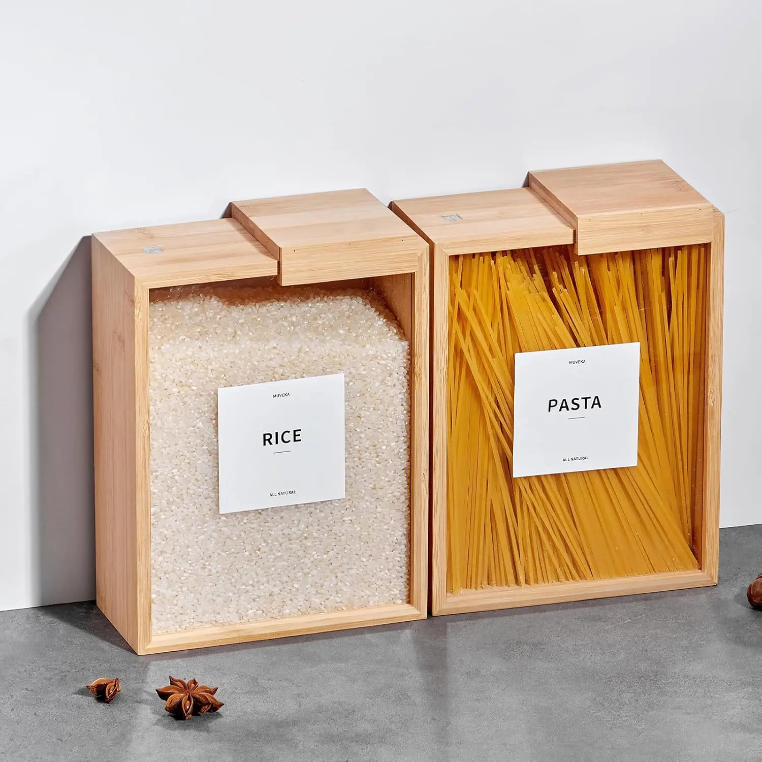 Bamboo Food Storage Container, 75oz Clear Canister Set of 2 for Kitchen, Square Pantry Organizer with Labels
Bamboo Food Storage Container, 75oz Clear Canister Set of 2 for Kitchen, Square Pantry Organizer with Labels