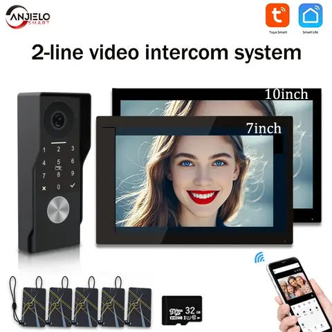 ANJIELO 2 Wire Video Intercom , Password, Card Swiping,  Wifi, Doorbell System, Tuya Smart 1080P Touch 24 IP Camera Support
