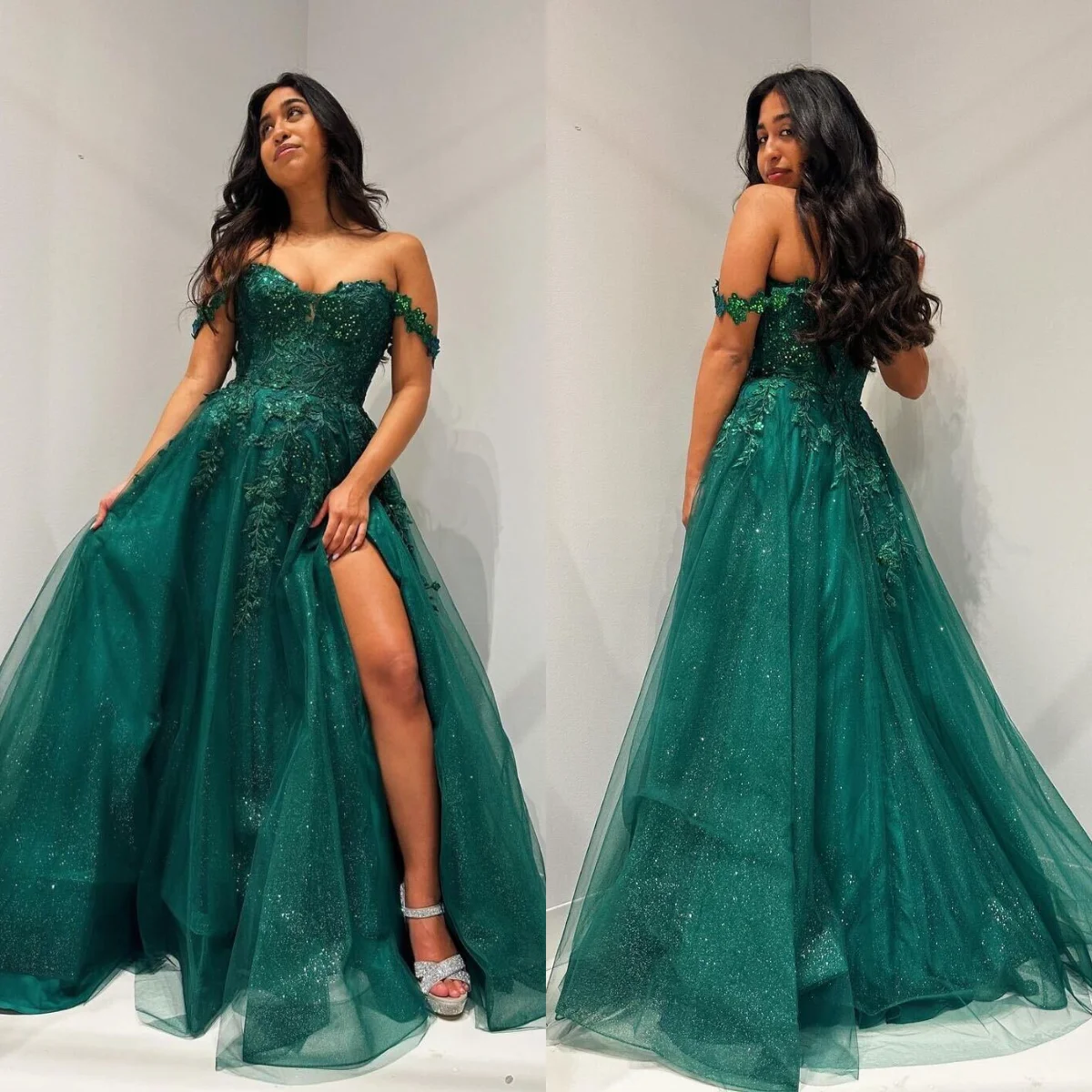 Dark Green Prom Dresses Side Split Shiny Tulle Off The Shoulder Evening Gowns Customized Lace Appliqued vestidos de noche
Dark Green Prom Dresses Side Split Shiny Tulle Off The Shoulder Evening Gowns Customized Lace Appliqued vestidos de noche