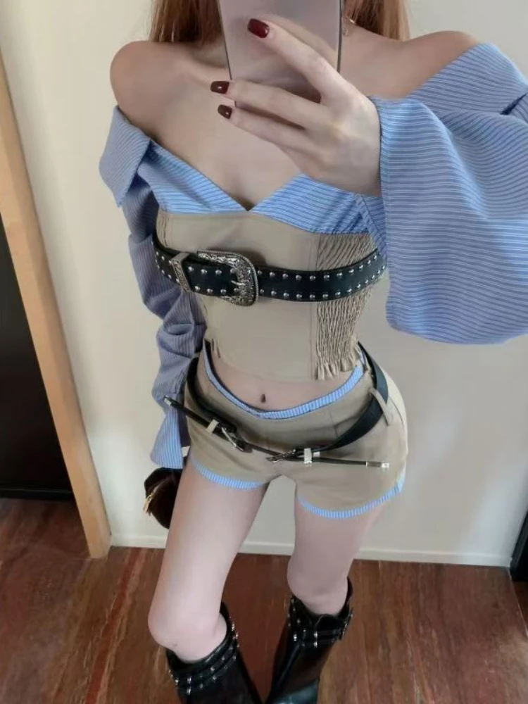 Korean Fashion Outfits Slash Neck Striped Patchwork Pleated Slim Crop Top +Y2k Aesthetic Elegant Sexy Belt Shorts Two Pieces Set
Korean Fashion Outfits Slash Neck Striped Patchwork Pleated Slim Crop Top +Y2k Aesthetic Elegant Sexy Belt Shorts Two Pieces Set
