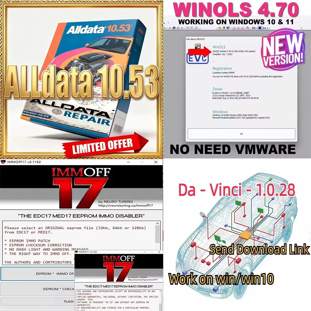 Da Vin1.0.28+Winols 4.7+ alldata 10.53+IMMO OFF 17 latest version software repair detailed video tutorial
Da Vin1.0.28+Winols 4.7+ alldata 10.53+IMMO OFF 17 latest version software repair detailed video tutorial