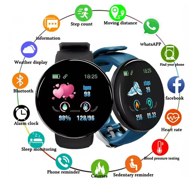 D18 Smart Watch Heart Rate Monitor Men's Women's Smartwatch Round Fitness Digital Watches for Men Women Band Bracelet 
D18 Smart Watch Heart Rate Monitor Men's Women's Smartwatch Round Fitness Digital Watches for Men Women Band Bracelet