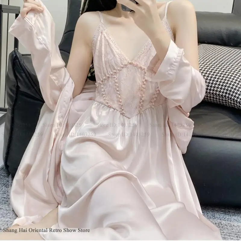 Women Nighty&Robe Set Sexy Patchwork Lace Suspender Nightgown Intimate Lingerie Summer Satin Sleepwear Home Dress Loungewear
Women Nighty&Robe Set Sexy Patchwork Lace Suspender Nightgown Intimate Lingerie Summer Satin Sleepwear Home Dress Loungewear