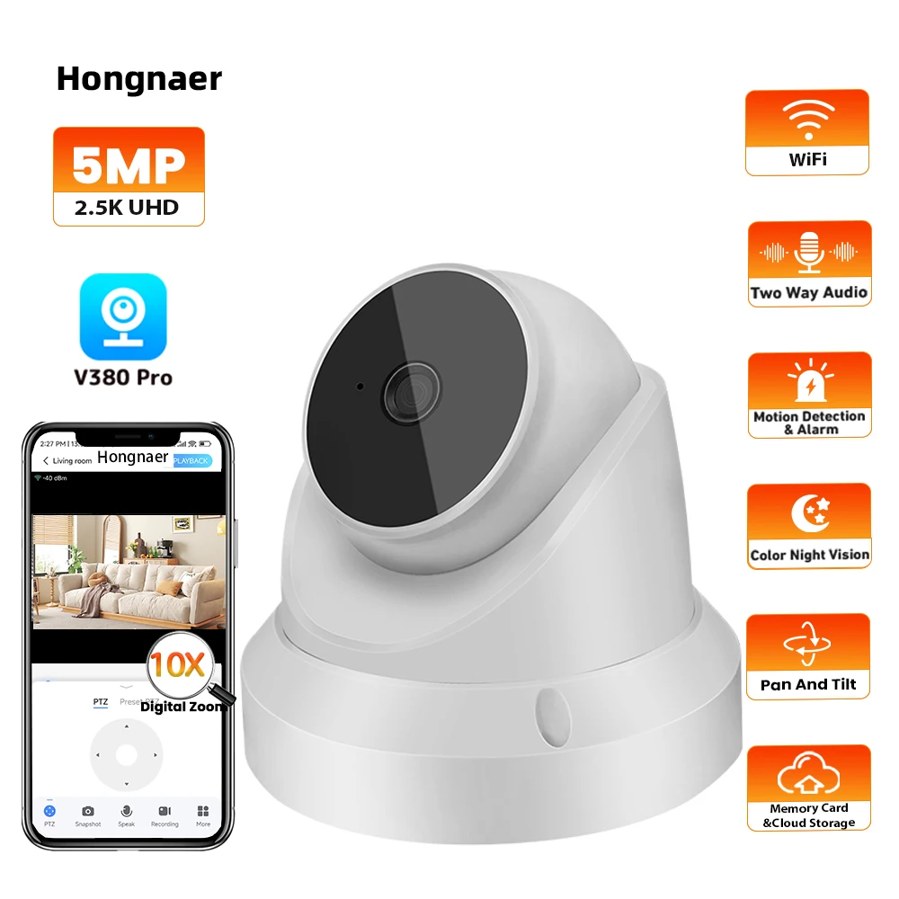 Hongnaer 5MP 2.5K двустороннее аудио беспроводная Wi-Fi внутренняя домашняя IP PTZ V380 Pro сетевая умная купольная камера видеонаблюдения
Hongnaer 5MP 2.5K двустороннее аудио беспроводная Wi-Fi внутренняя домашняя IP PTZ V380 Pro сетевая умная купольная камера видеонаблюдения