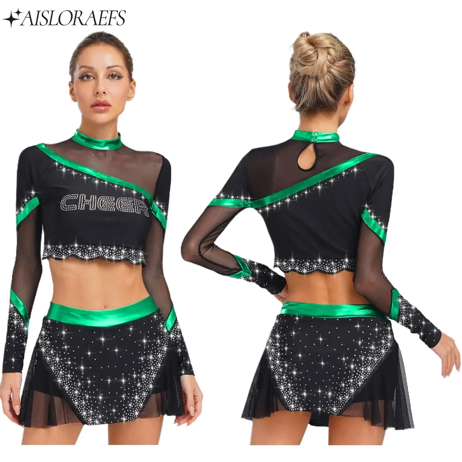 2Pcs Women Cheerleading Contemporary Dance Outfits Long Sleeve Crop Tops+Skirt Set Rhinestone Cheerleading Performance Dancewear
2Pcs Women Cheerleading Contemporary Dance Outfits Long Sleeve Crop Tops+Skirt Set Rhinestone Cheerleading Performance Dancewear