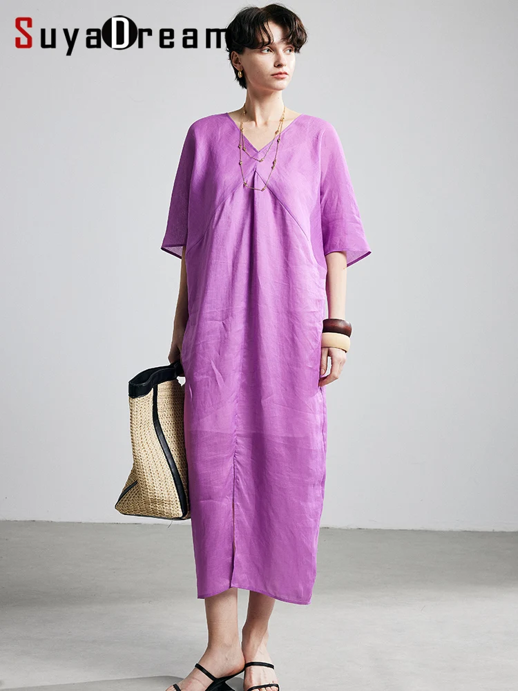 SuyaDream,Women Maxi Dresses, 100%Ramie, V Neck, Solid Long Dress, 2025 Spring Summer Clothes, Rose Purple
SuyaDream,Women Maxi Dresses, 100%Ramie, V Neck, Solid Long Dress, 2025 Spring Summer Clothes, Rose Purple