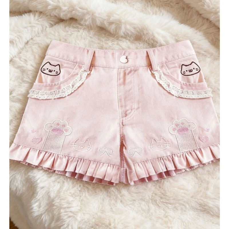 Japanese Kawaii Pink Denim Shorts Women Cute Cartoon Embroidery Ruffles Slim Short Pants Summer Girls Casual Sweet Party Shorts
Japanese Kawaii Pink Denim Shorts Women Cute Cartoon Embroidery Ruffles Slim Short Pants Summer Girls Casual Sweet Party Shorts