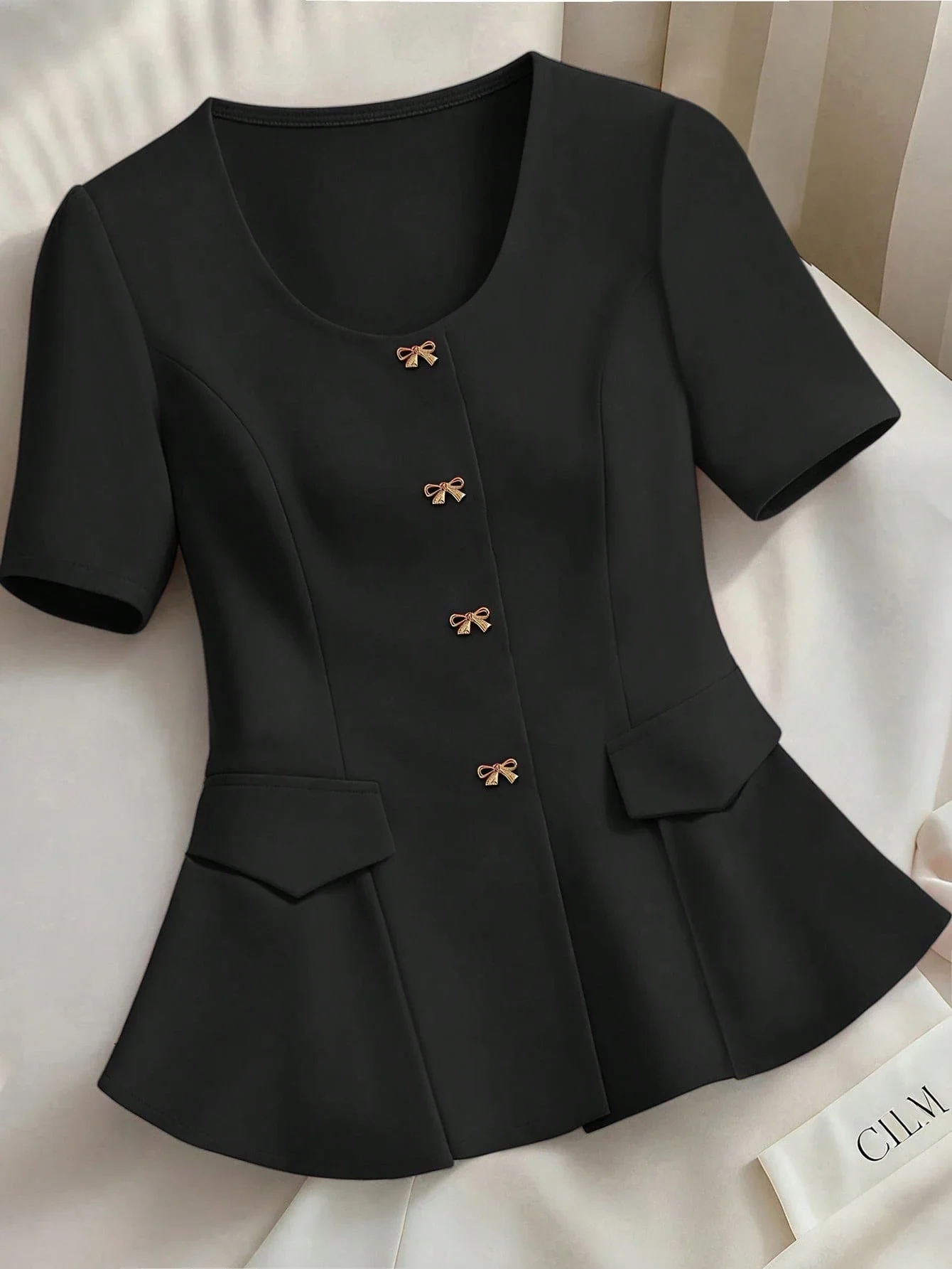 Elegant Solid Color Peplum Hem Blouse With Metallic Bow Decor And Short Sleeves Office
Elegant Solid Color Peplum Hem Blouse With Metallic Bow Decor And Short Sleeves Office