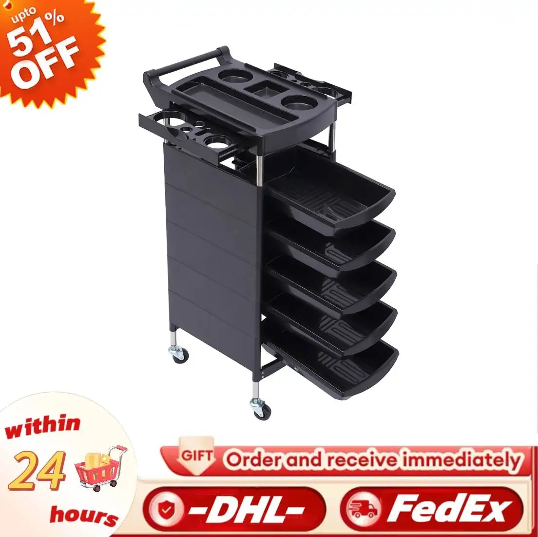 Salon Trolley, with Handle and Rolling Wheels, 5 Drawers and 2 Hair Dryer Holder Side Tray, Black
Salon Trolley, with Handle and Rolling Wheels, 5 Drawers and 2 Hair Dryer Holder Side Tray, Black