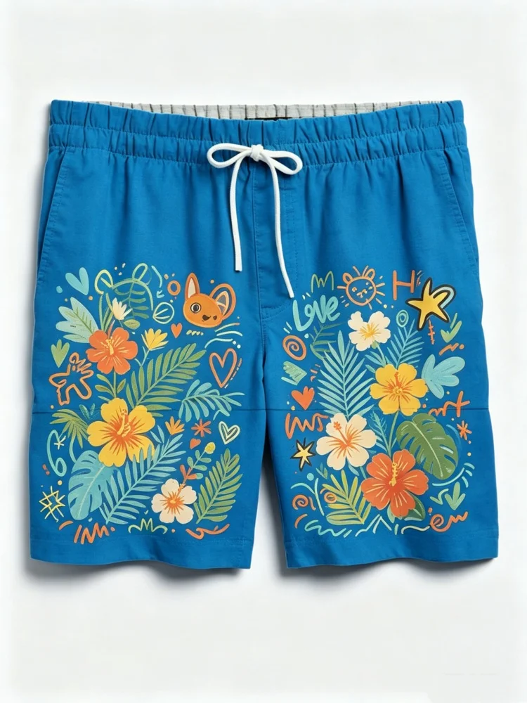 Men Straight Fit Blue Tropical Floral Cartoon Animal Print Drawstring Elastic Waist Beach Shorts With Pockets
Men Straight Fit Blue Tropical Floral Cartoon Animal Print Drawstring Elastic Waist Beach Shorts With Pockets