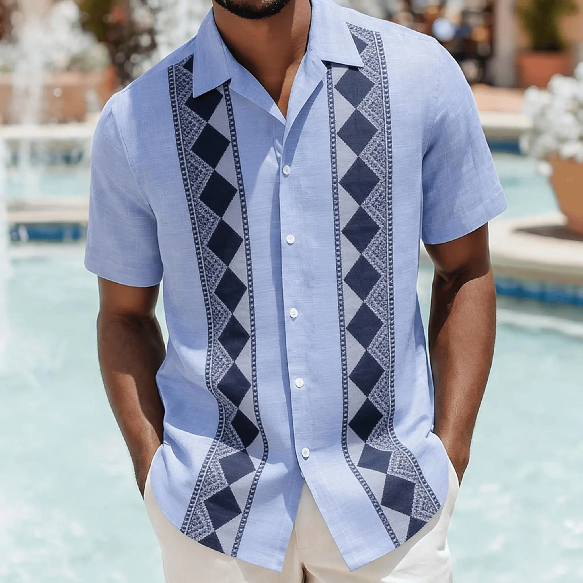 Men's Light Blue Geometric Embroidery Short Sleeve Shirt, Spring Summer Minimal Luxury Casual Top, Pocket Lapel Style
Men's Light Blue Geometric Embroidery Short Sleeve Shirt, Spring Summer Minimal Luxury Casual Top, Pocket Lapel Style