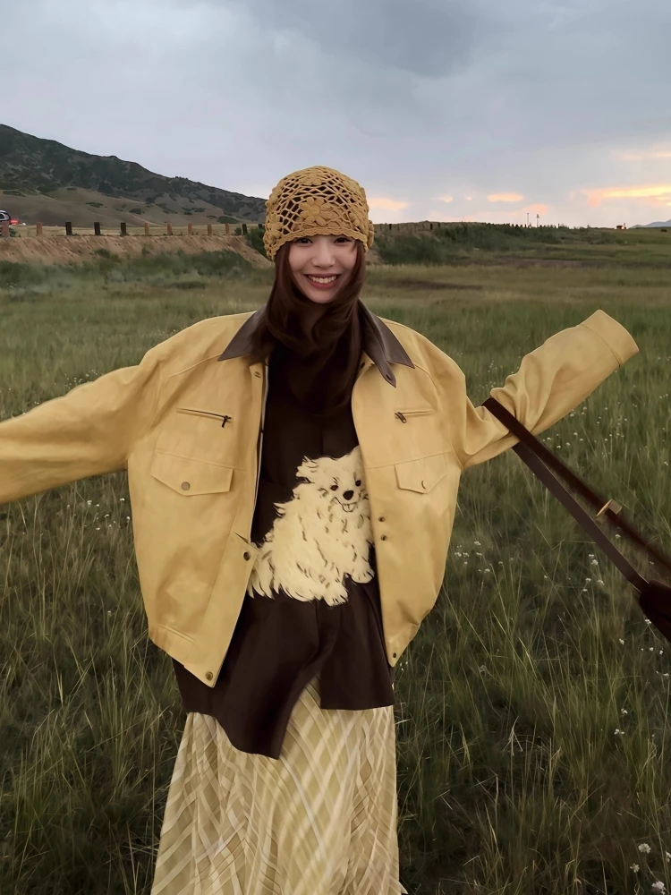 Желтая свободная куртка из искусственной кожи на молнии для женщин, повседневный стиль, мотоциклетная одежда, осенний дизайн, модная верхняя одежда
Желтая свободная куртка из искусственной кожи на молнии для женщин, повседневный стиль, мотоциклетная одежда, осенний дизайн, модная верхняя одежда