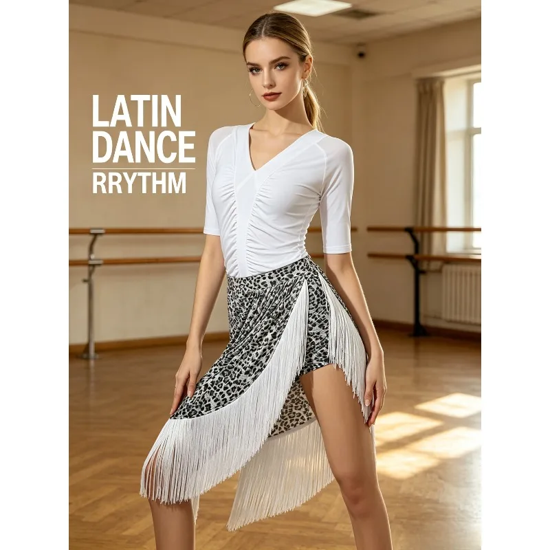 Women Latin Dance Top V Neck Short Sleeve, Leopard Print Fringe Mini Skirt Adult Dance Costume For Daily Training Performance
Women Latin Dance Top V Neck Short Sleeve, Leopard Print Fringe Mini Skirt Adult Dance Costume For Daily Training Performance