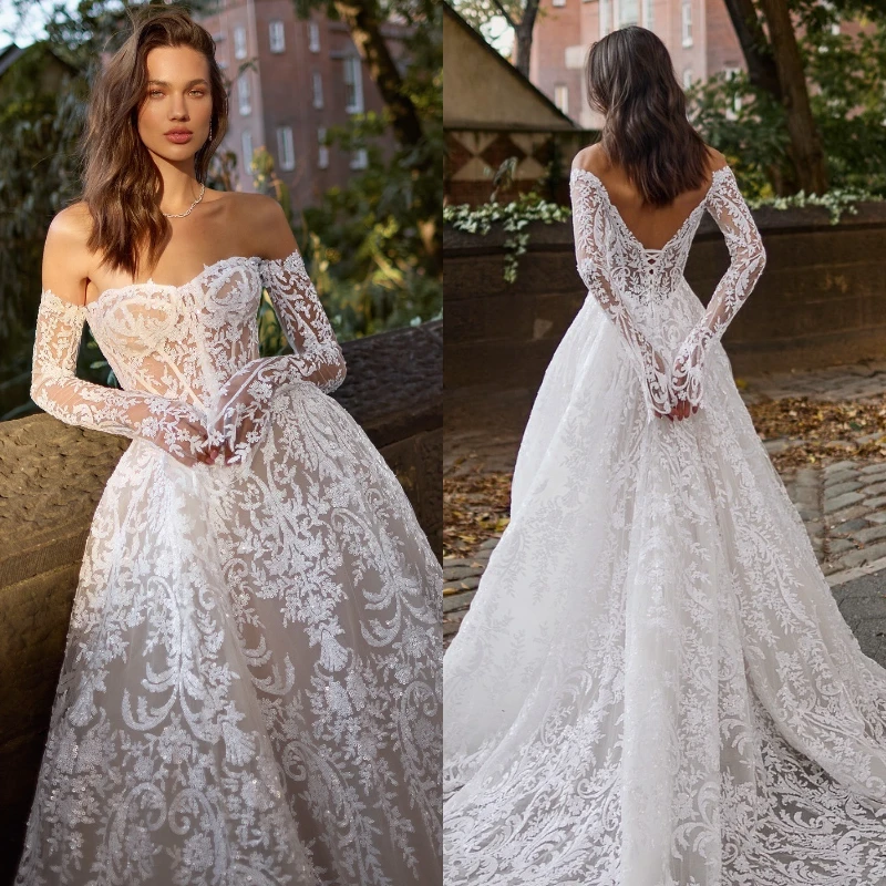 Classic Ball Gown Wedding Dresses Strapless Appliques Lace Long Sleeve Bridal Gown Court Train Vestido De Noiva Customized 
Classic Ball Gown Wedding Dresses Strapless Appliques Lace Long Sleeve Bridal Gown Court Train Vestido De Noiva Customized