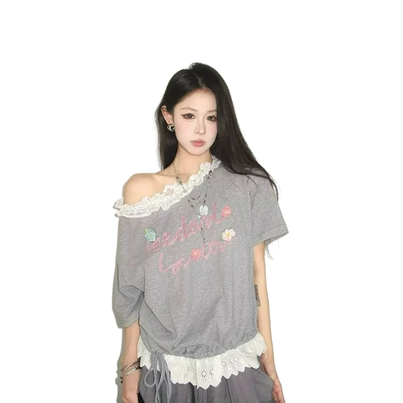 Sexy Hot Girl Lace Three-dimensional Embroidery Short-sleeved T-shirt for Women 2026 Spring Fashion Loose Off-the-shoulder Top
Sexy Hot Girl Lace Three-dimensional Embroidery Short-sleeved T-shirt for Women 2026 Spring Fashion Loose Off-the-shoulder Top