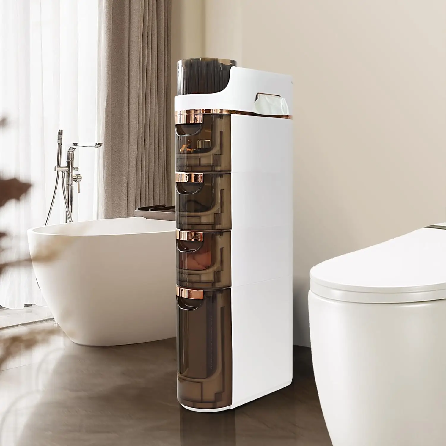 4-Tier Slim Bathroom Storage Cabinet, Slim Cabinet for Bathroom,Narrow Rolling Storage Cart with Wheels, White Plastic Organizer
4-Tier Slim Bathroom Storage Cabinet, Slim Cabinet for Bathroom,Narrow Rolling Storage Cart with Wheels, White Plastic Organizer