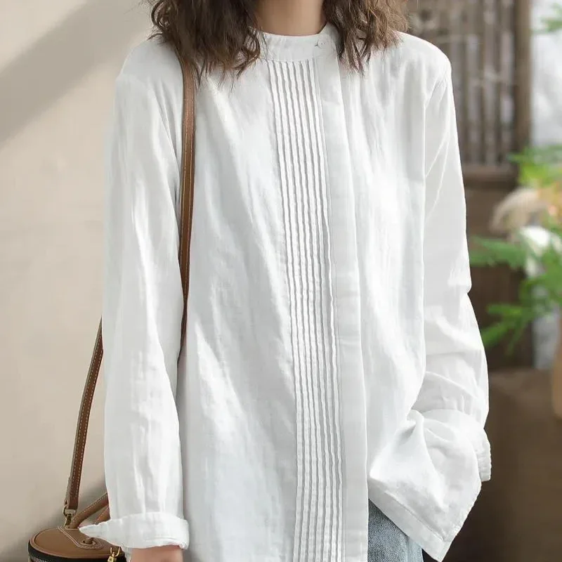 Splicing Button Fashion Solid Color Loose Casual Long Sleeve Blouses Shirts Retro Fold Stand Collar Women's Spring Autumn 2025
Splicing Button Fashion Solid Color Loose Casual Long Sleeve Blouses Shirts Retro Fold Stand Collar Women's Spring Autumn 2025