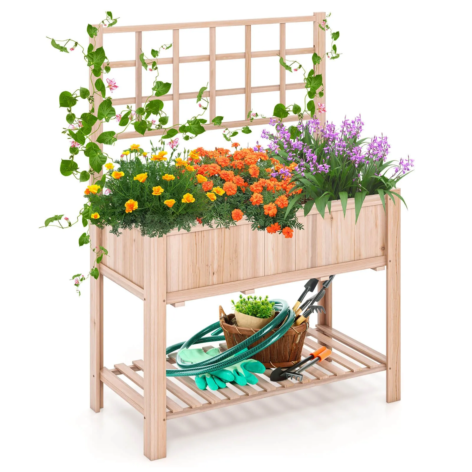 Raised Garden Bed Elevated Wooden Planter Box w/ Trellis & Open Storage Shelf
Raised Garden Bed Elevated Wooden Planter Box w/ Trellis & Open Storage Shelf