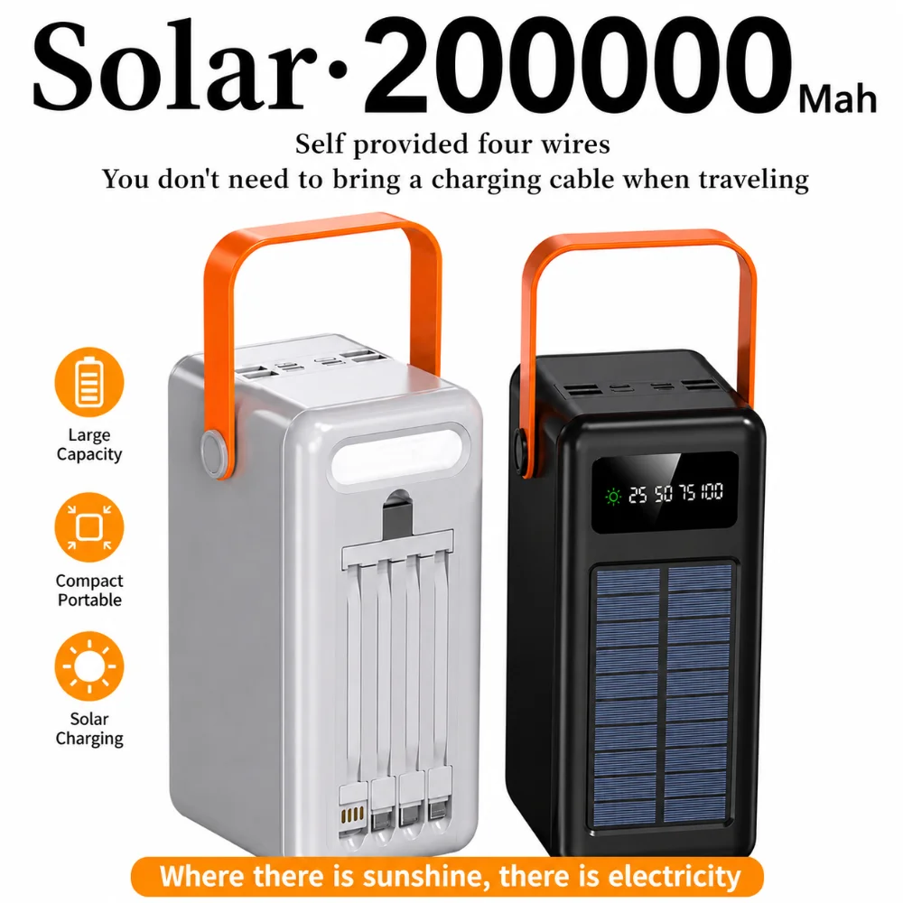 Solar Power Bank 200000mAh 120w Super Fast Charging with Four Wire External Battery Pack with Flashlight for Outdoors
Solar Power Bank 200000mAh 120w Super Fast Charging with Four Wire External Battery Pack with Flashlight for Outdoors