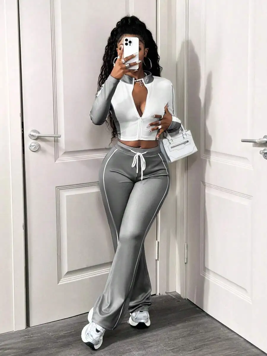 Женский комплект из двух предметов: топ с длинными рукавами на молнии и брюки с завязками, повседневный осенний наряд
Женский комплект из двух предметов: топ с длинными рукавами на молнии и брюки с завязками, повседневный осенний наряд