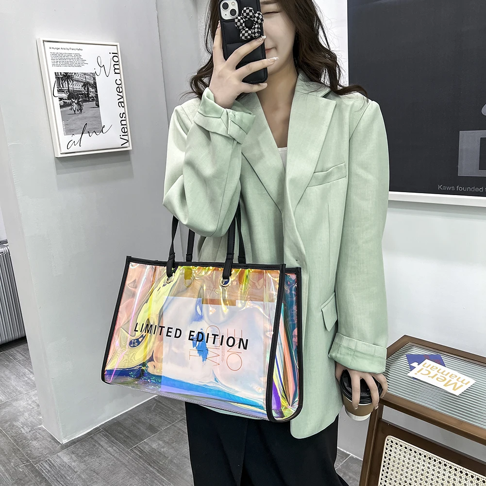 Women Travel Shoulder Bag Letters Large Capacity Laser PVC Transparent Handbag Female Casual Clear Summer Holiday Beach Tote Bag
Women Travel Shoulder Bag Letters Large Capacity Laser PVC Transparent Handbag Female Casual Clear Summer Holiday Beach Tote Bag